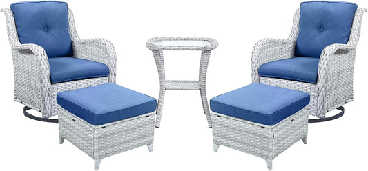 Outdoor Swivel Rocker Furniture 5 Pieces Patio Wicker Furniture Sets, Rattan Patio Swivel Glider Chairs with 2 Ottoman and Glass Side Table