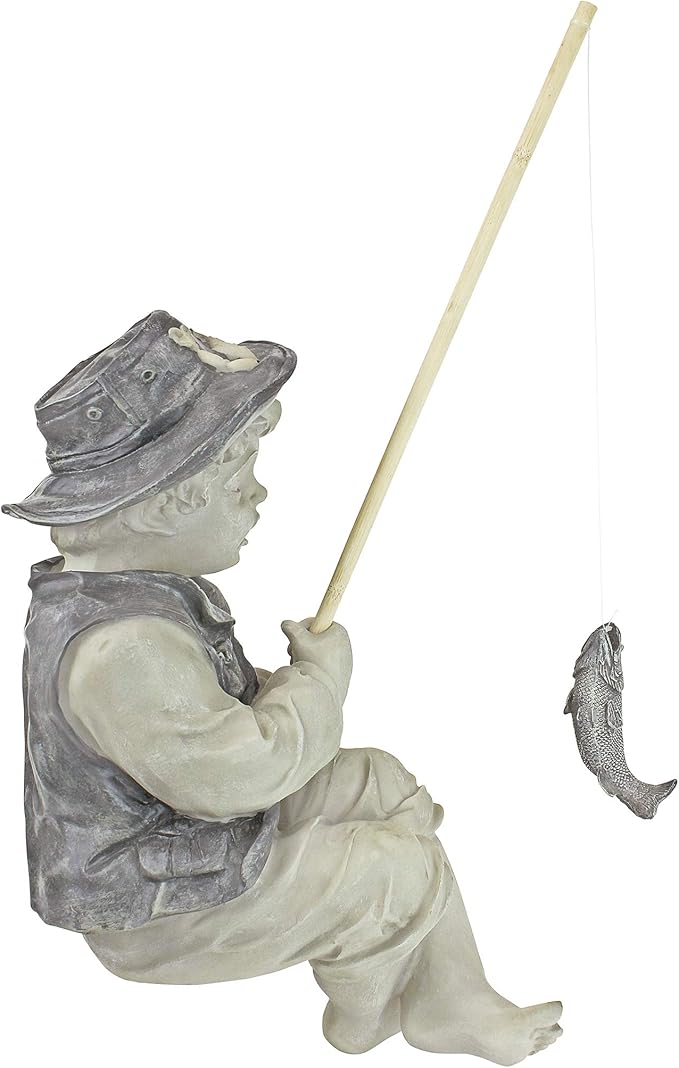 Design Toscano Frederic the Little Fisherman of Avignon Boy Fishing Garden Statue, 15 Inch Tall, Cast Stone Resin, Two Tone Stone Finish