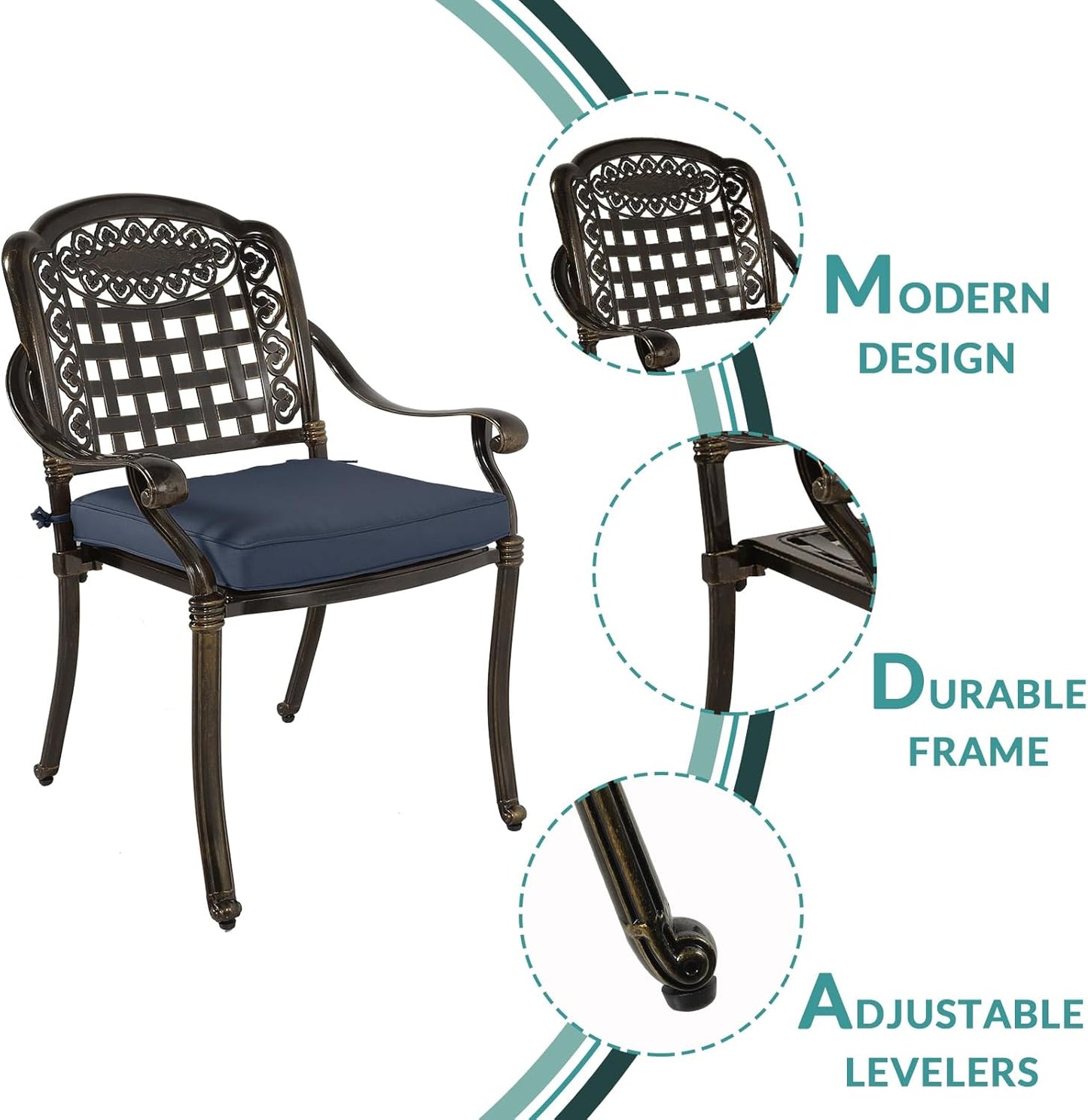 MEETWARM 3 Piece Patio Bistro Set, Outdoor All-Weather Cast Aluminum Dining Furniture Set Includes 2 Chairs with Cushions and a 35.4” Round Table with Umbrella Hole for Garden Deck, Navy Blue