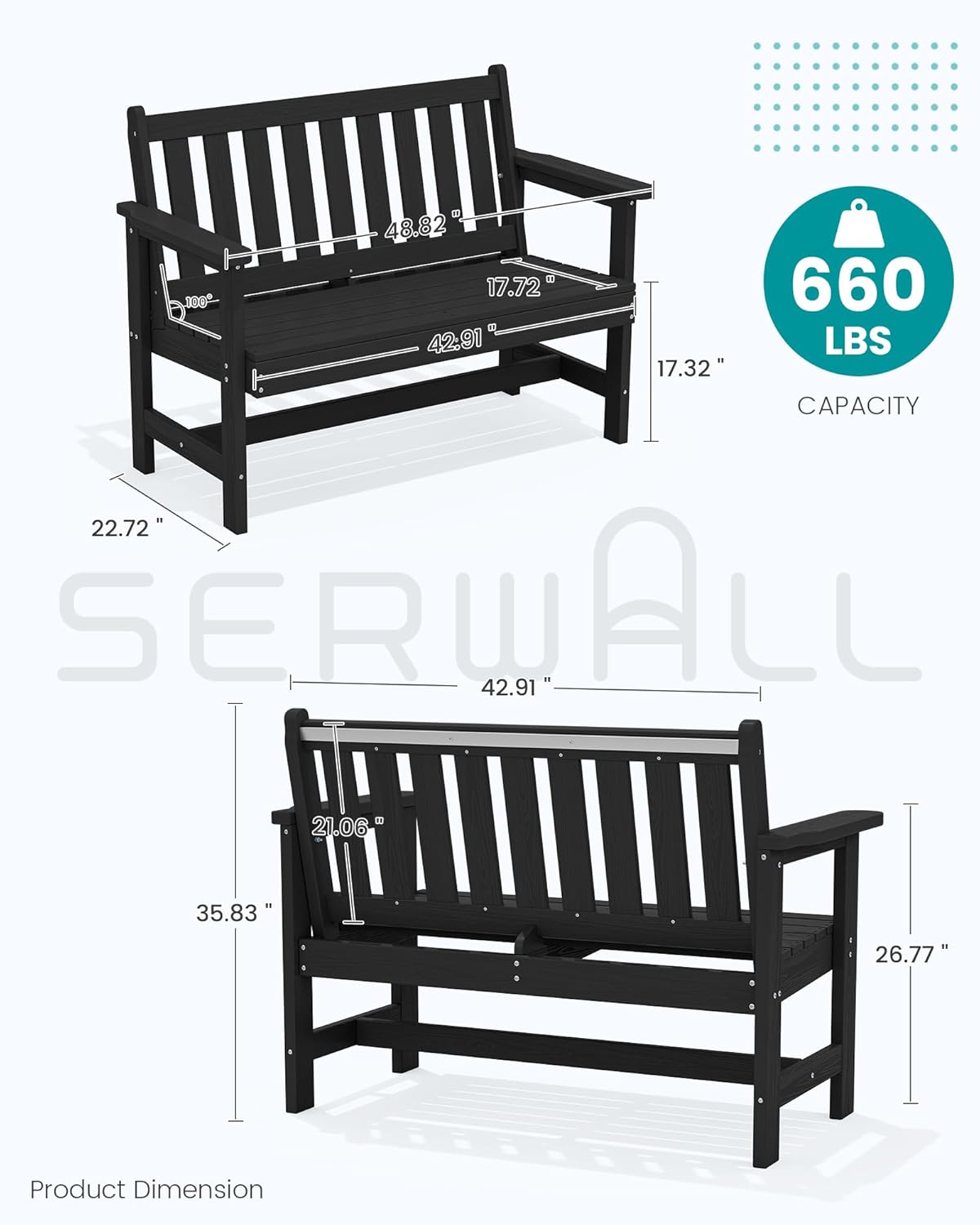 SERWALL Outdoor Bench, HDPE Outdoor Benches Weatherproof, 2-Person Garden Bench with 660 lbs Weight Capacity, Patio Benches for Outdoors, Garden, Porch, Backyard and Park, Black