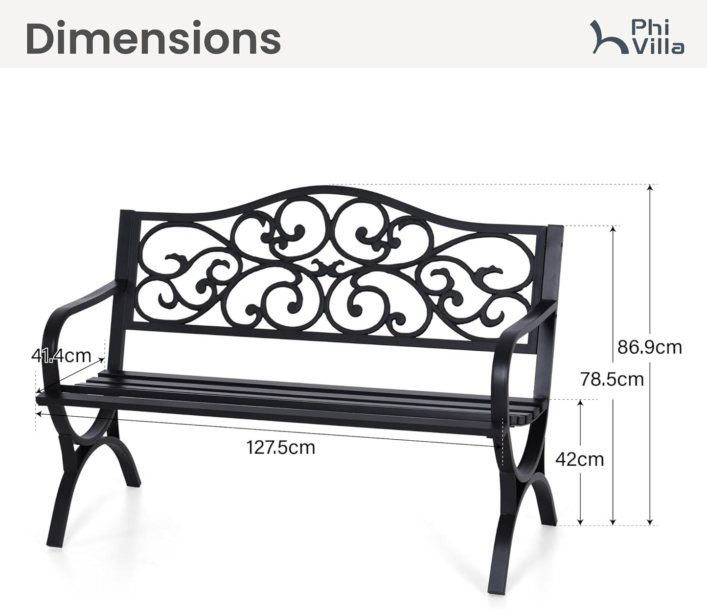 PHI VILLA 50-Inch Cast Iron Steel Frame Garden Bench Outdoor Patio Bench Chair w/Floral Design Backrest, Slatted Seat for Park, Yard & Porch, Black