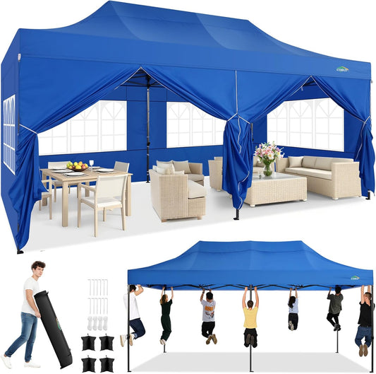 COBIZI 10x20 Pop up Canopy Tent Heavy Duty with 6 Sidewalls, Easy Set-up Commercial Outdoor Party Tent, 100% Waterproof Wedding Tent Gazebo, 3 Height Adjustable with Wheeled Bag, Blue