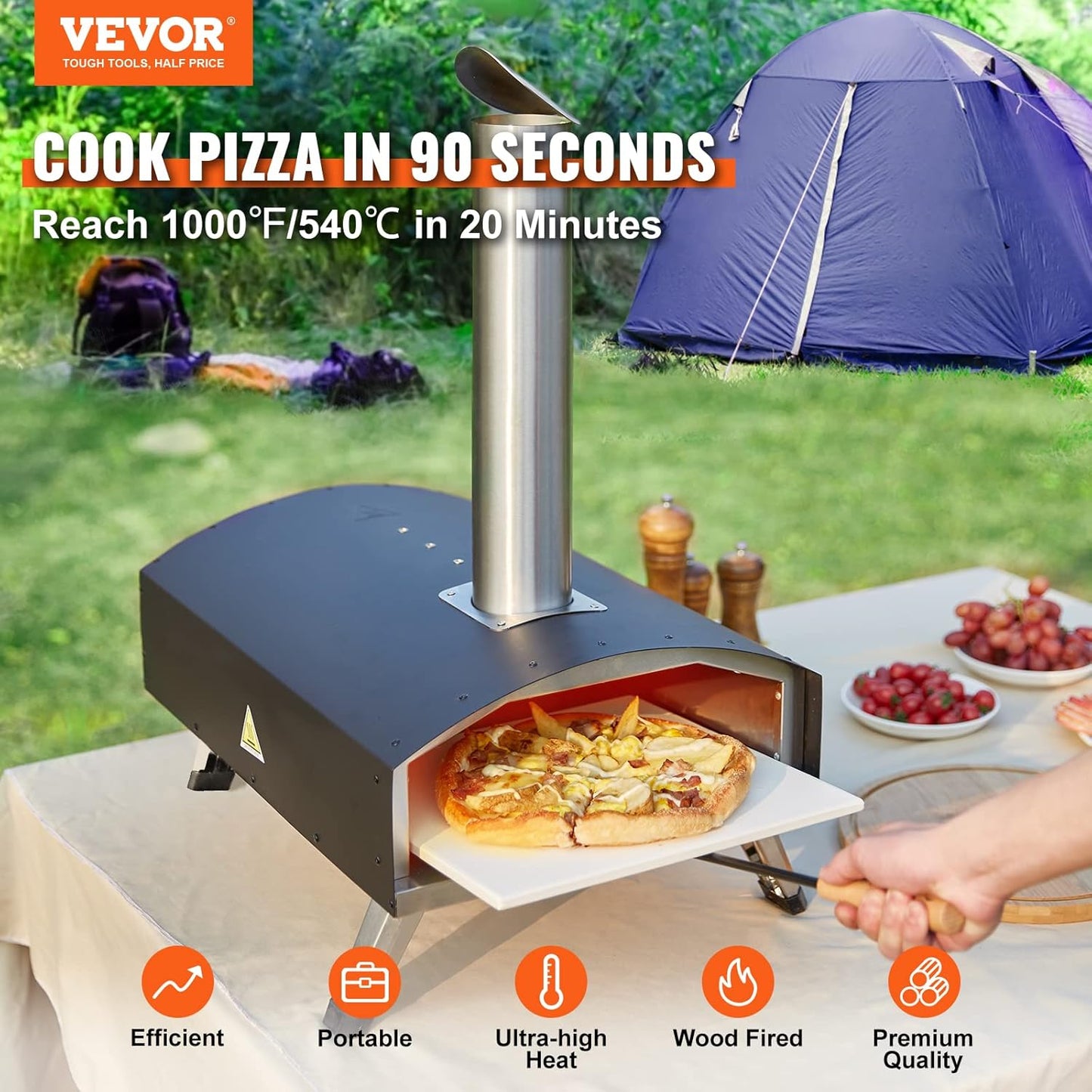 VEVOR Outdoor Pizza Oven, 12-inch Wood Fire Pizza Ovens, Pellet and Charcoal Pizza Maker Outside with Cordierite Stone, Portable Pizza Oven for Backyard Camping, Waterproof Carry Bag, Shovel, Black