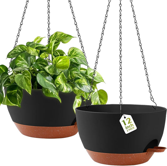 GARDIFE Hanging Planters for Indoor Outdoor Plants, 2 Pack Self Watering Hanging Pot with Drainage Holes & Removable Tray (Black, 12 inch)