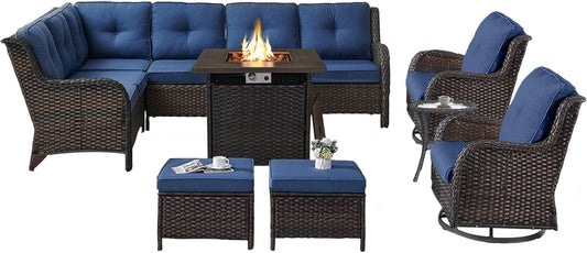 Outdoor Sectional Furniture Sofa Set with 50000BTU Propane Fire Pit Table, Wicker Patio Conversation Set with 2 Swivel Rocker Glider Chairs Blue Cushion Perfect for Backyard Casual Gathering