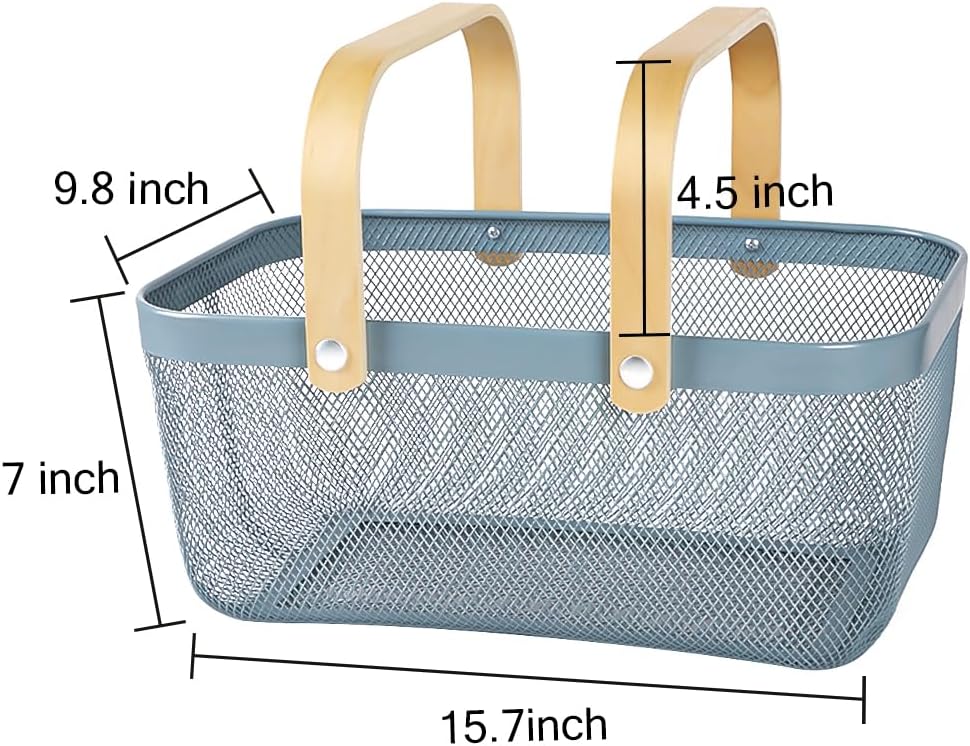 Portable Mesh Harvest Basket - Natural Bamboo Handle Foldable Organizer for Kitchen, Garden & Picnic | Ventilated Storage Bin with Rust-Proof Wire, Space-Saving Farmhouse Decor (Nebula Green)