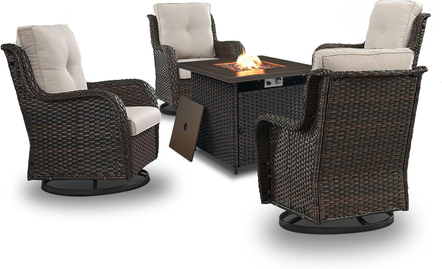 5 Pieces Patio Wicker Furniture Set - 4 Outdoor Swivel Rocker Glider Chairs with 50000BTU Propane Fire Pit Table, Patio Conversation Set Beige Cushion Perfect for Casual Gathering