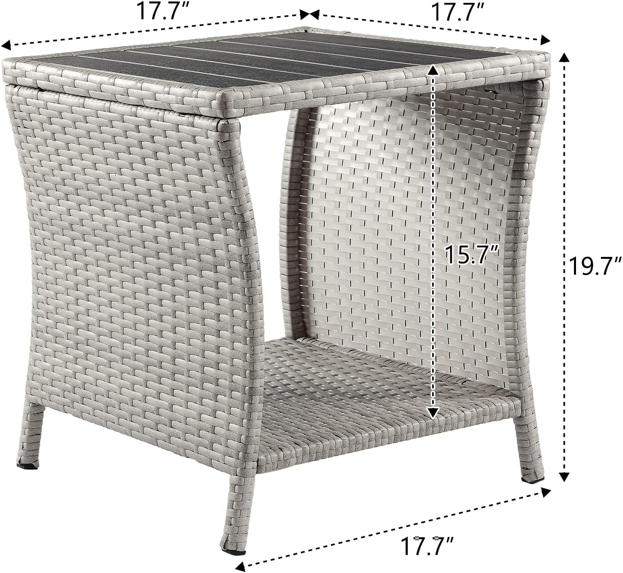 Outdoor Side Table for Patio Small Rattan Wicker Coffee Table Balcony Table Outside End Table with Poly Lumber Table Top & Storage Bistro Table for Garden Porch Deck Living Room Backyard Grey