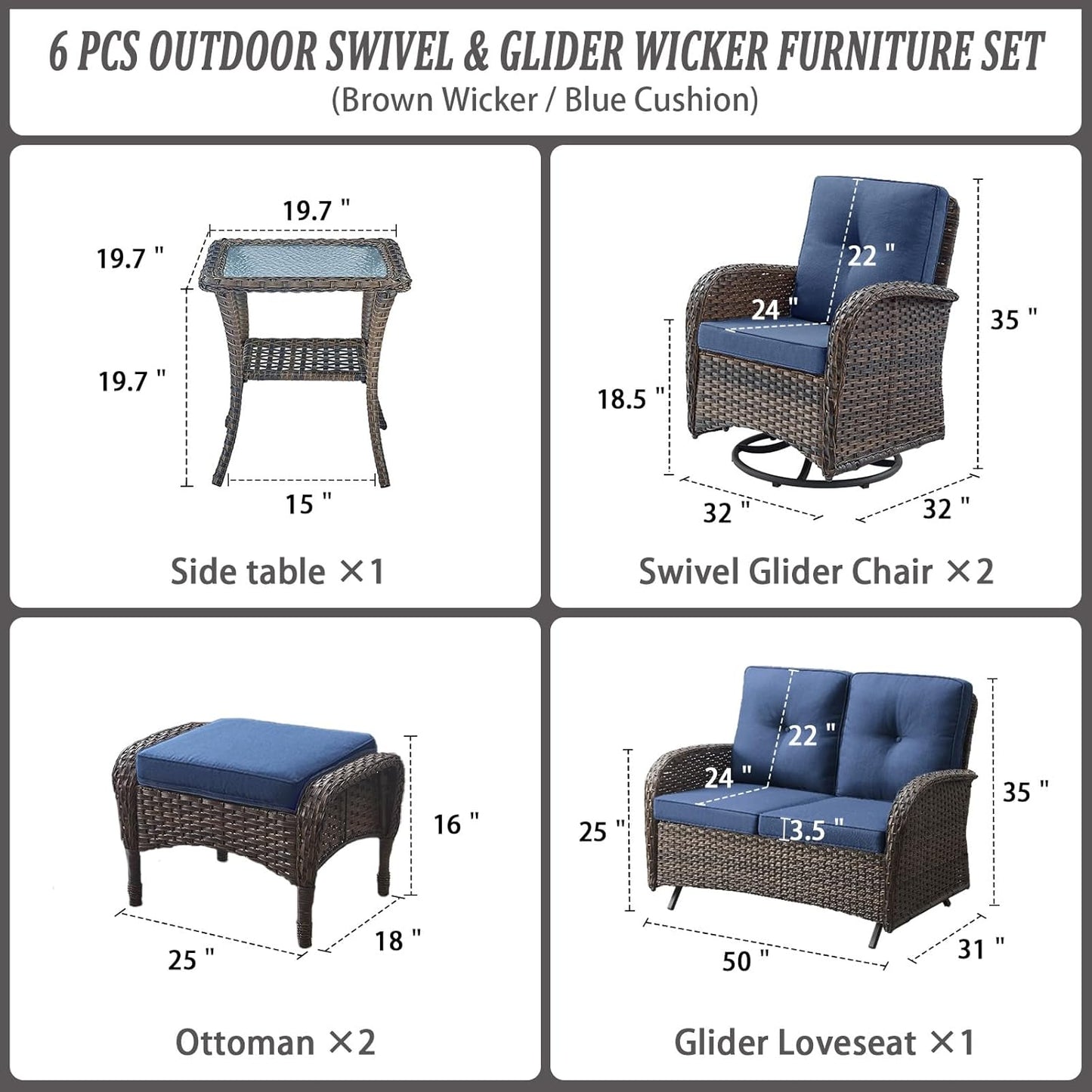 6 Piece Patio Conversation Sets - Wicker Patio Furniture Sets with Outdoor Swivel Rocker Chairs, Glider Loveseat Perfect for Patio Deck Backyard, Brown Wicker Blue Cushion