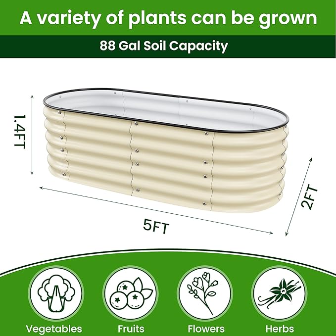 Raised Garden Bed 5x2x1.4 Ft Planter Box Outdoor with Rubber Edge Zinc-Aluminum-Magnesium Stainless Steel Durable Metal Garden Beds Kit for Vegetables, Flowers, Herbs and Succulents, Ivory