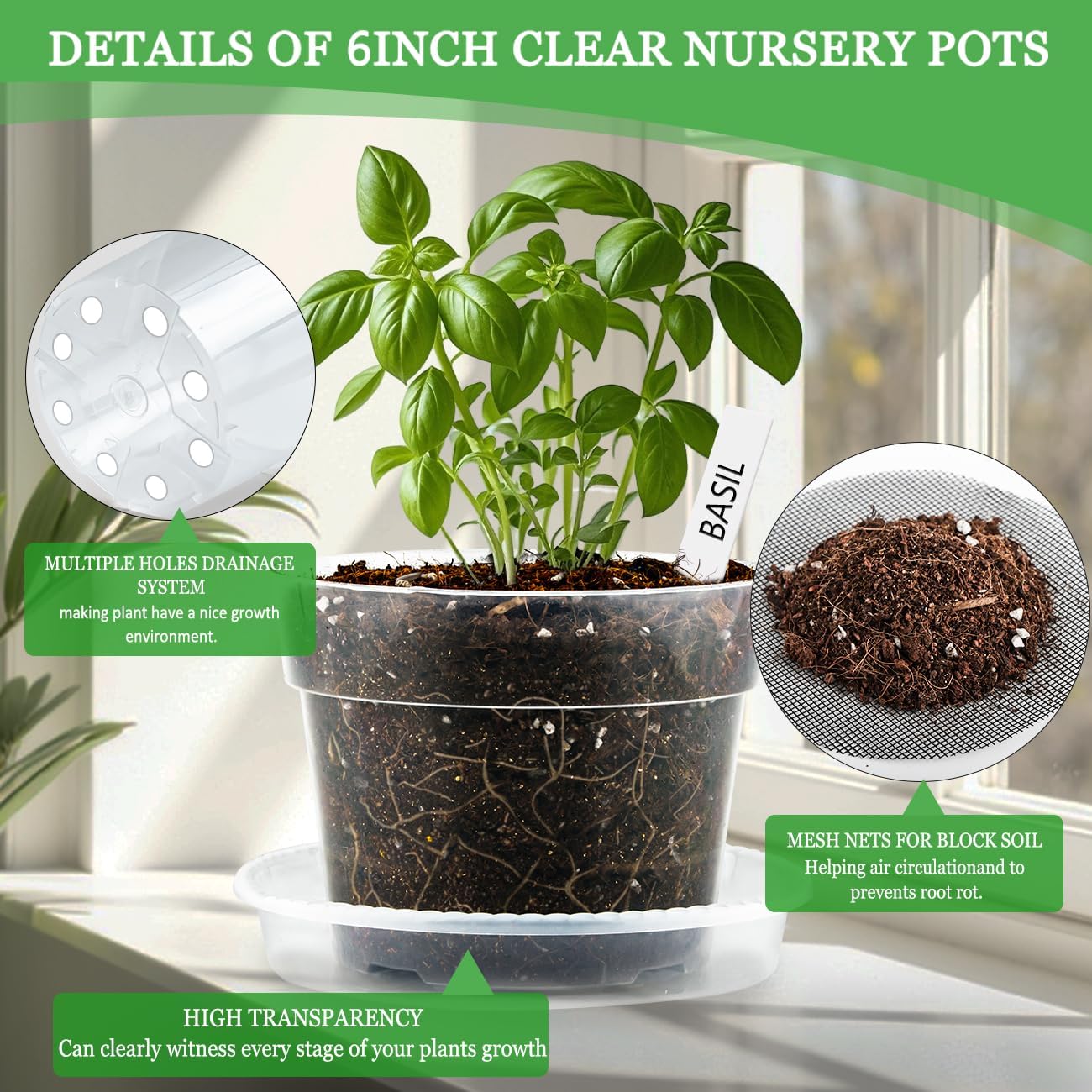 BTPLASTIK 6 Inch Clear Nursery Pots with Humidity Domes 15 Pack, Transparent Plastic Plant Pot with Drainage Holes and Saucers, Seed Starter Pots with 15 Pcs Plant Labels and 15 Pcs Soil Screens