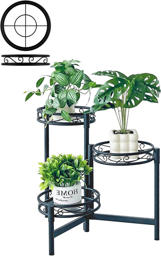 Plant Stand Indoor Outdoor,3 Tier Metal Plant Stand for Multiple Plants, Folding Tall Plant Rack Display Organizer Shelf for Corner Living Room Porch Patio Garden Office - BalckCircle