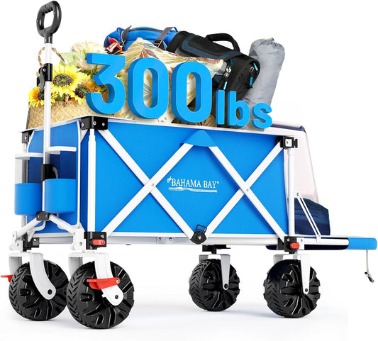 49" L Extra Long Beach Wagon with Tailgate,Big Wheels with Brake for Sand, Collapsible Utility Beach Cart Heavy Duty Folding Wagon,Ideal for Outdoor Sand Camping Garden Pet