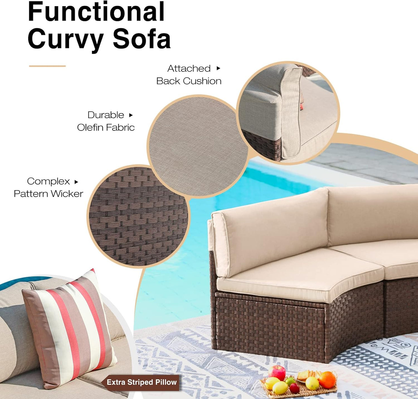 SUNSITT Outdoor Patio Furniture 11-Piece Half-Moon Sectional Round Patio Furniture Set Curved Outdoor Sofa with Tempered Glass Round Coffee Table, 4 Pillows, Brown Rattan