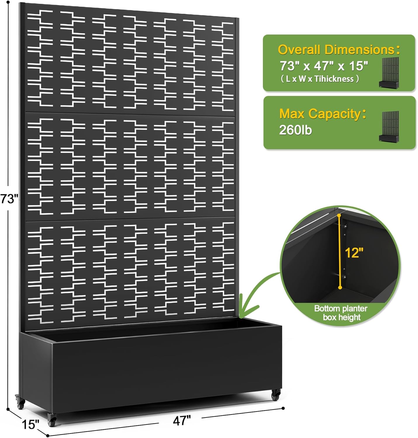 FENCY Metal Raised Garden Bed with Wheels and Trellis,73"x47"x16" Planter Box for Climbing Plants, Vegetables & Vines, Features Privacy Screen and Drainage Holes (Black-Brick)