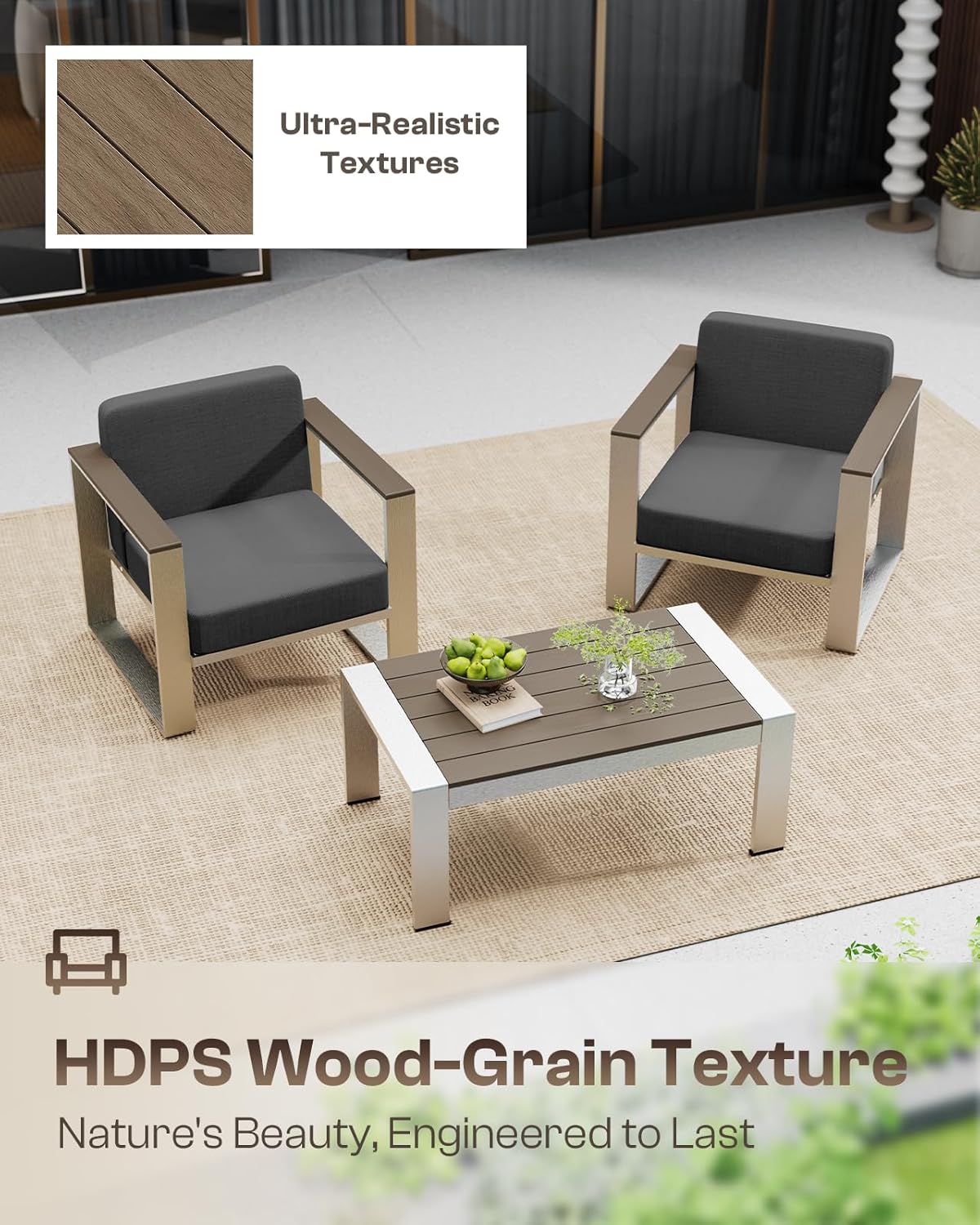 Outdoor Furniture Set, 4 Piece Aluminum Patio Furniture Set with Coffee Table, Wide Seat and Thick Cushions, Outdoor Patio Conversation Sets for Deck, Porch (Darkgray)