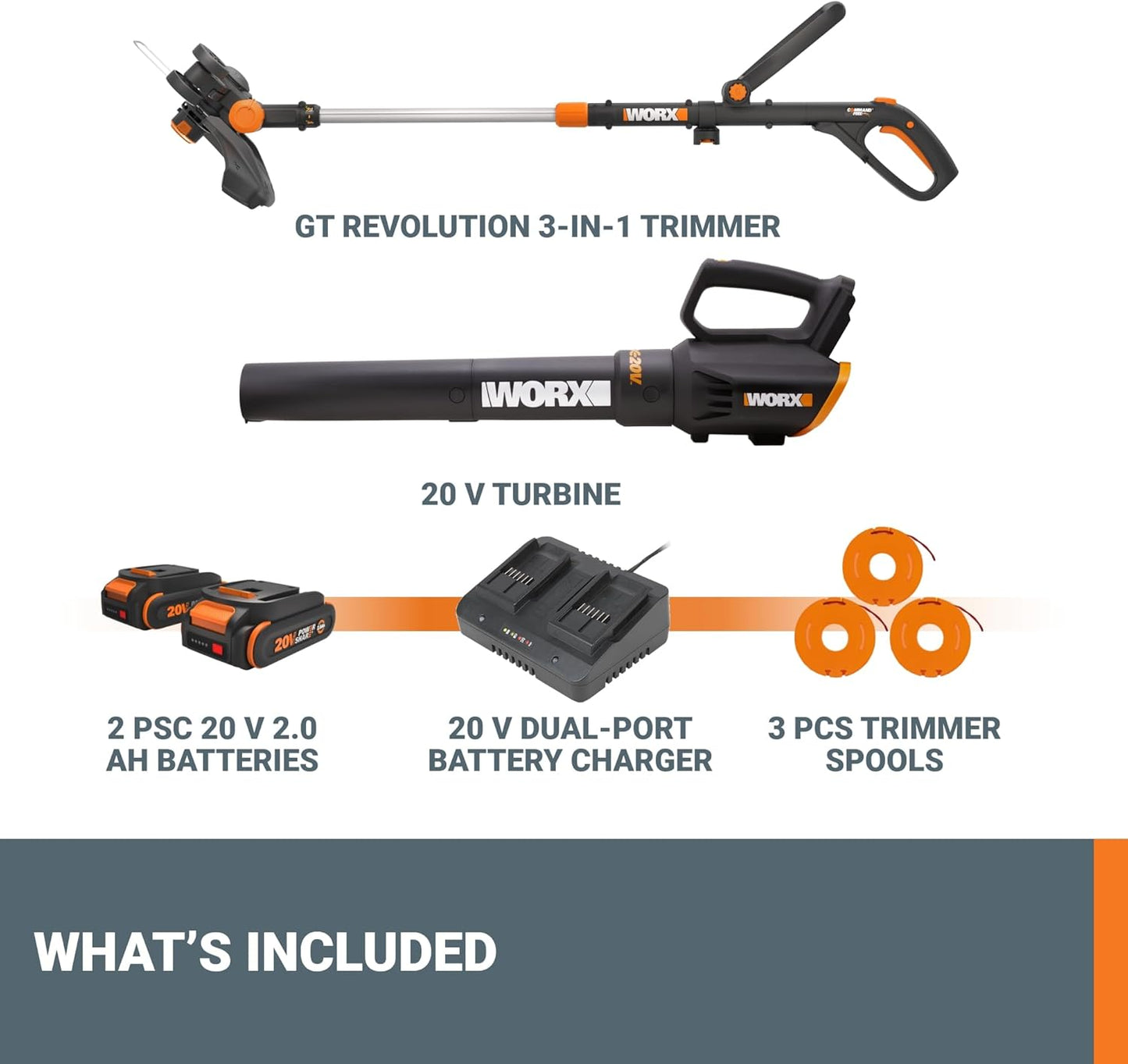 Worx 20V GT Revolution 12" Cordless String Trimmer & Turbine Leaf Blower Power Share Combo Kit - WG930.2 (Batteries & Charger Included)