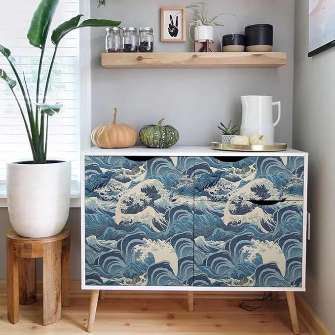 Hand Drawn Blue Sea Wave Reef Peel and Stick Wallpaper Self Adhesive Removable Easy Peel Off Stick on Wall Paper for Bedroom Cabinet Renter Friendly