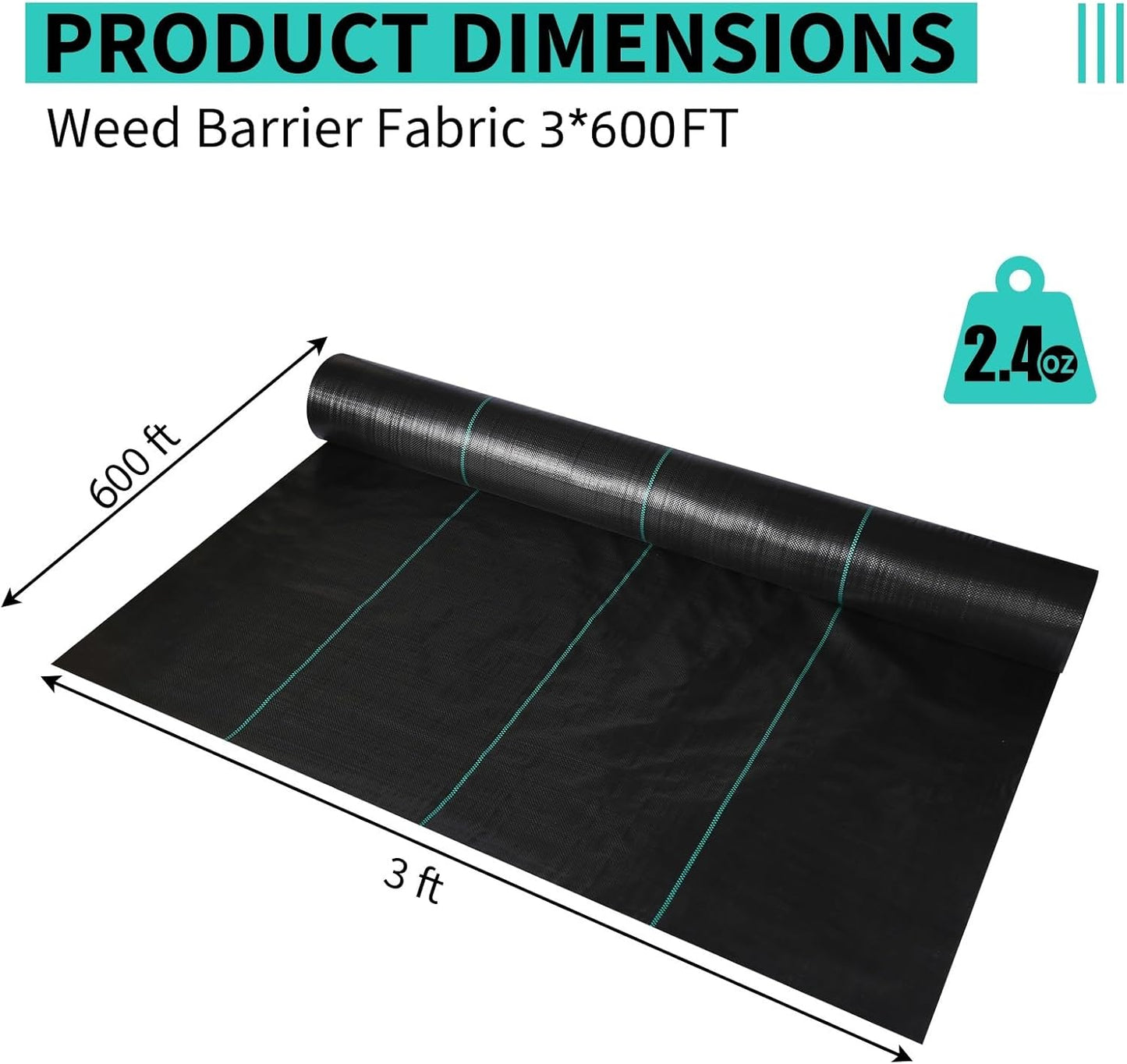 3ftx600ft Heavy Duty Weed Barrier Landscape Fabric – Durable Woven Driveway Garden Cloth for Weed Control, Ground Cover, Landscaping – Long-Lasting Geotextile Fabric – 2.4oz