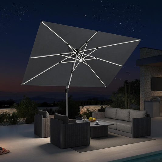 PURPLE LEAF 10' X 10' Solar Powered LED Patio Large Umbrella Offset Double Top Hanging Umbrella Outdoor Market Umbrella for Garden, Slate Gray