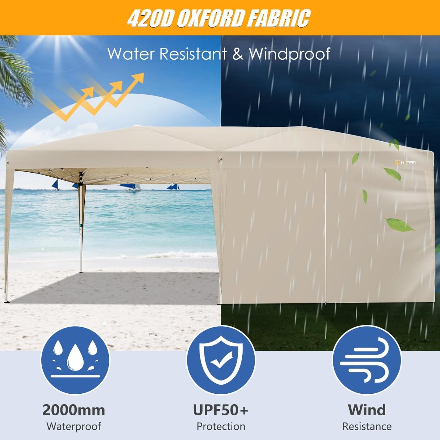 HOTEEL 10x20 Pop up Canopy with 6 Sidewalls, One Push Instant Setup Outdoor Canopy Tent with Reinforce Rod, Weight Bag, for Parties, Events, Khaki
