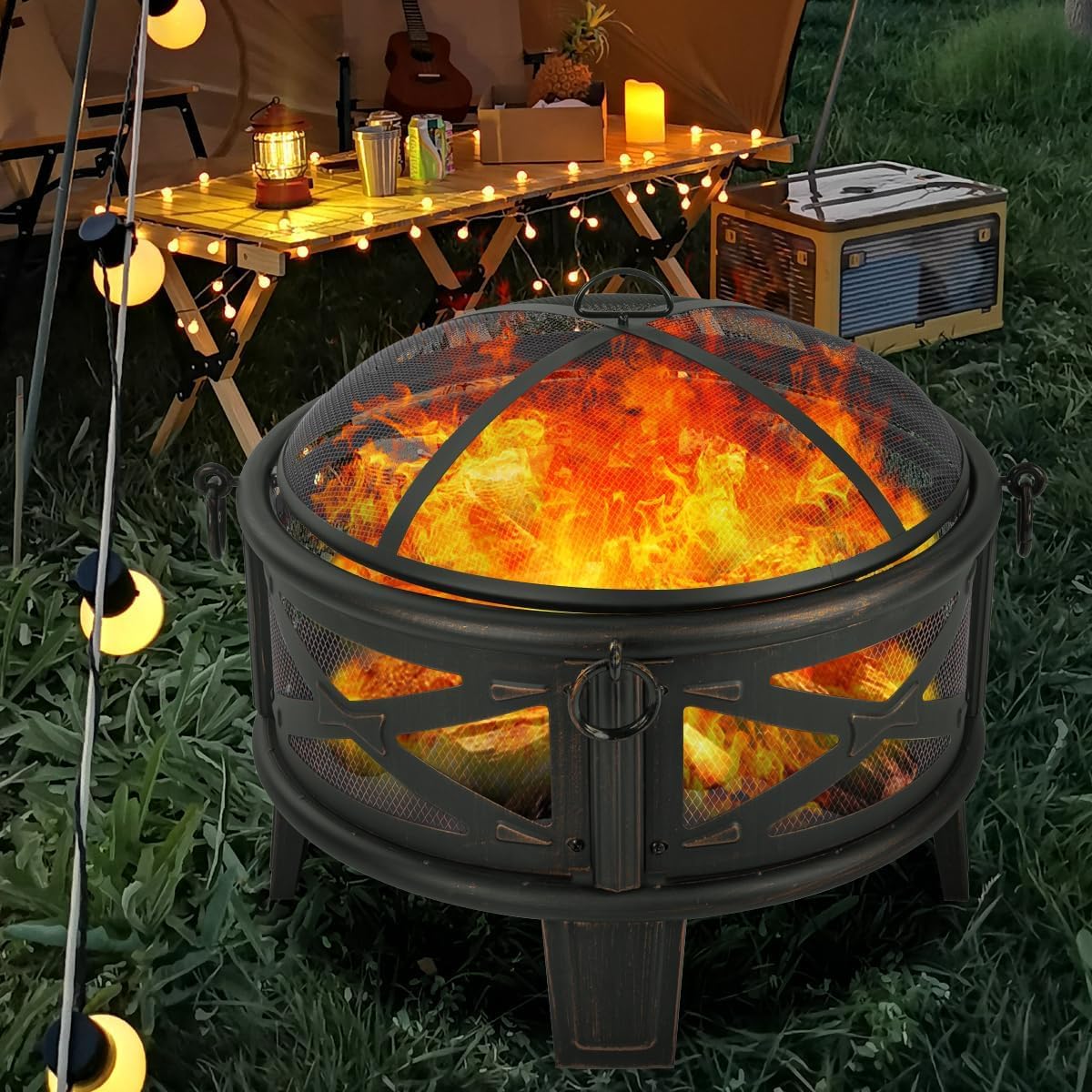 Breezz 26 Inch Wood Burning Fire Pit with Cooking Grill and Spark Screen, Outdoor Metal Round Firepit for Patio, Backyard, Bonfire Party, Camping