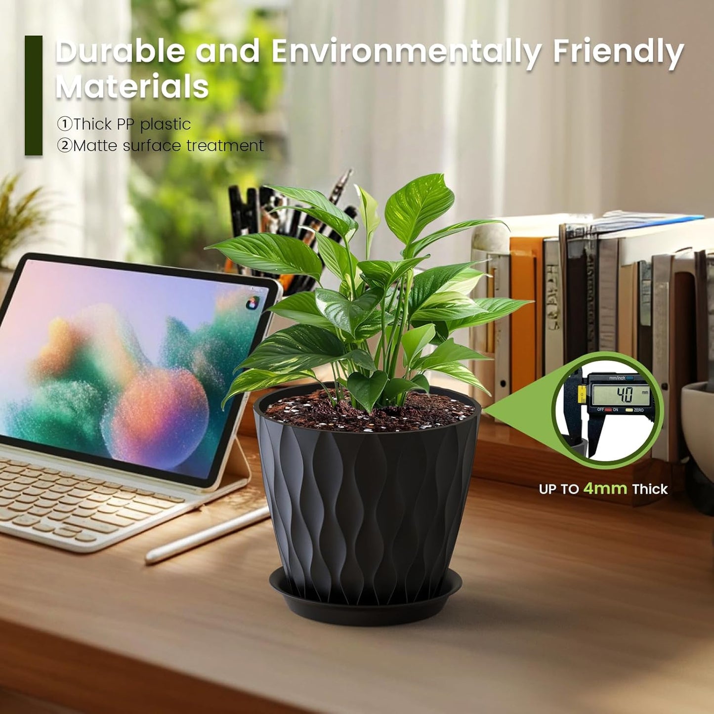 7 inch Plant Pots for Indoor Outdoor Plants, 5 Pack Thick Nursery Pots with Drainage Holes and Saucers, 3D Modern Wave Texture Plastic Planter Pots for Flowers and House Plants, Black