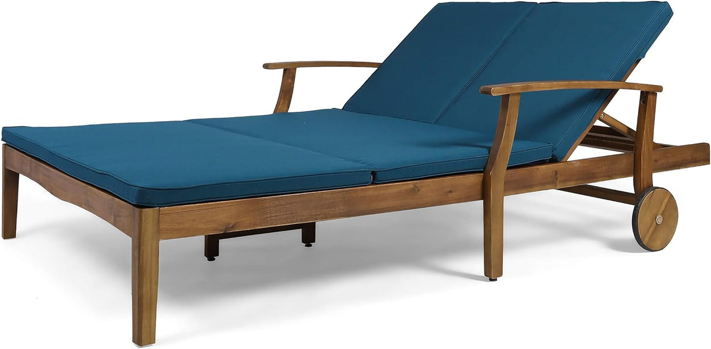 Christopher Knight Home Samantha Double Chaise Lounge for Yard and Patio, Acacia Wood Frame, Teak Finish with Blue Cushions