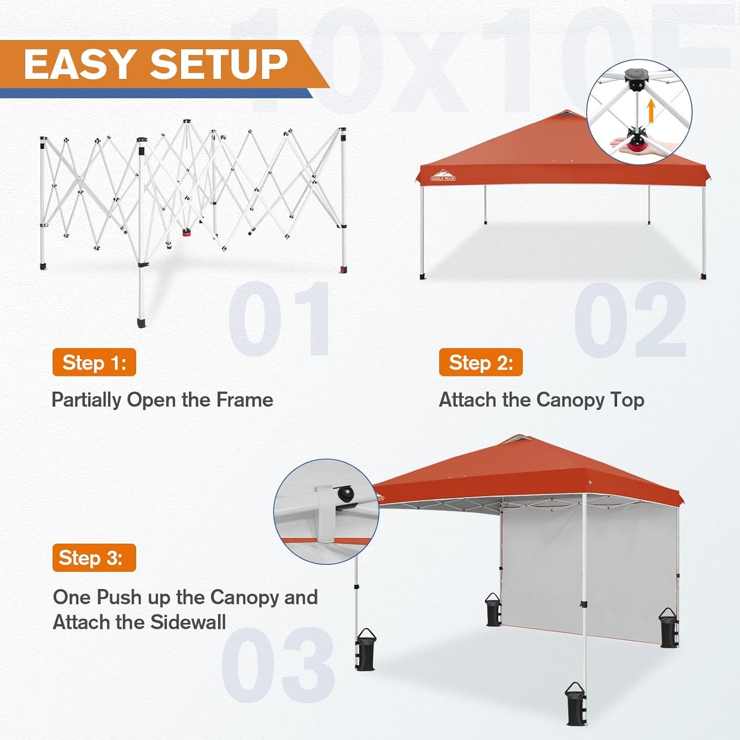 EAGLE PEAK Pop Up Canopy Tent with 1 Sidewall, Easy Setup Event Tent, Outdoor Sun Shade, Wheeled Carry Bag, Stakes and Guy Ropes, Instant Canopy 10x10, Brick Red