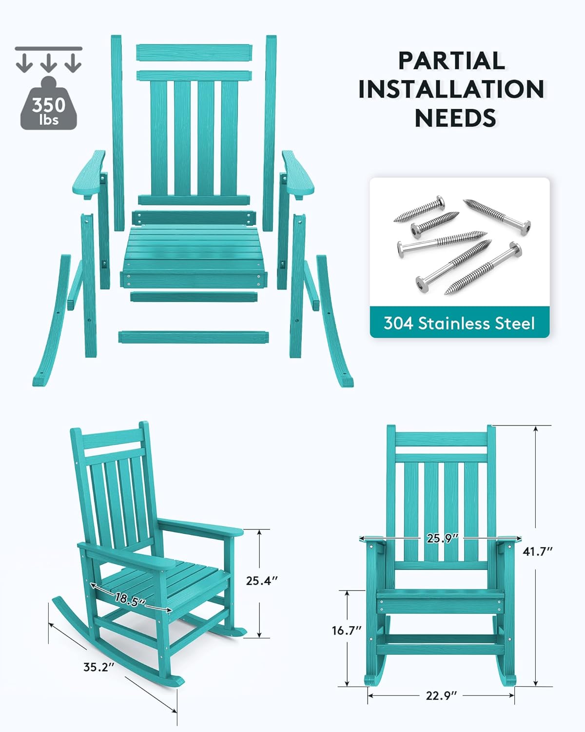 SERWALL HDPE Rocking Chair Set of 4, Outdoord Rocking Chairs for Adult, Aruba