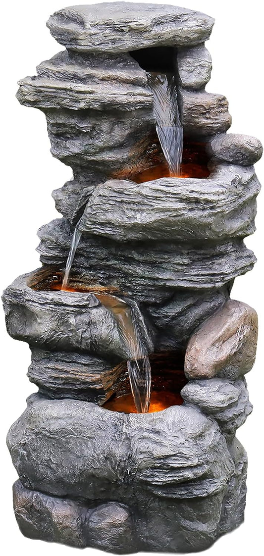 Teamson Home 39.37 in. Outdoor Faux Stacked Stone 4-Tier Water Fountain with LED Lights and Pump, Gray