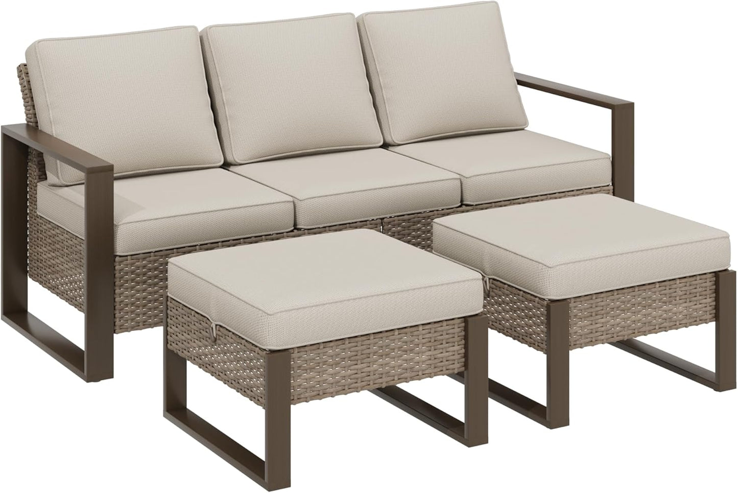 Wicker Patio 75" Sofa Set with Two Ottomans, All Weather Rattan Outdoor Conversation Furniture Set with Wood-Looking Metal Armrest for Deck Backyard Porch, Beige