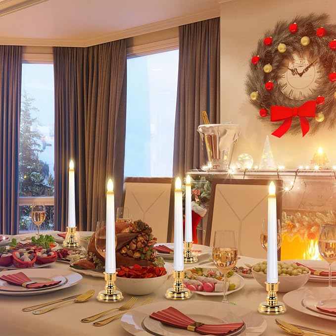 JOSU LED Window Candles, Christmas Flameless Window Candle Lights with Timer Battery Operated, 4 3D Wick Light Candle+4 Removable Gold Candleholders+Remote, for Decor &Festival Celebration