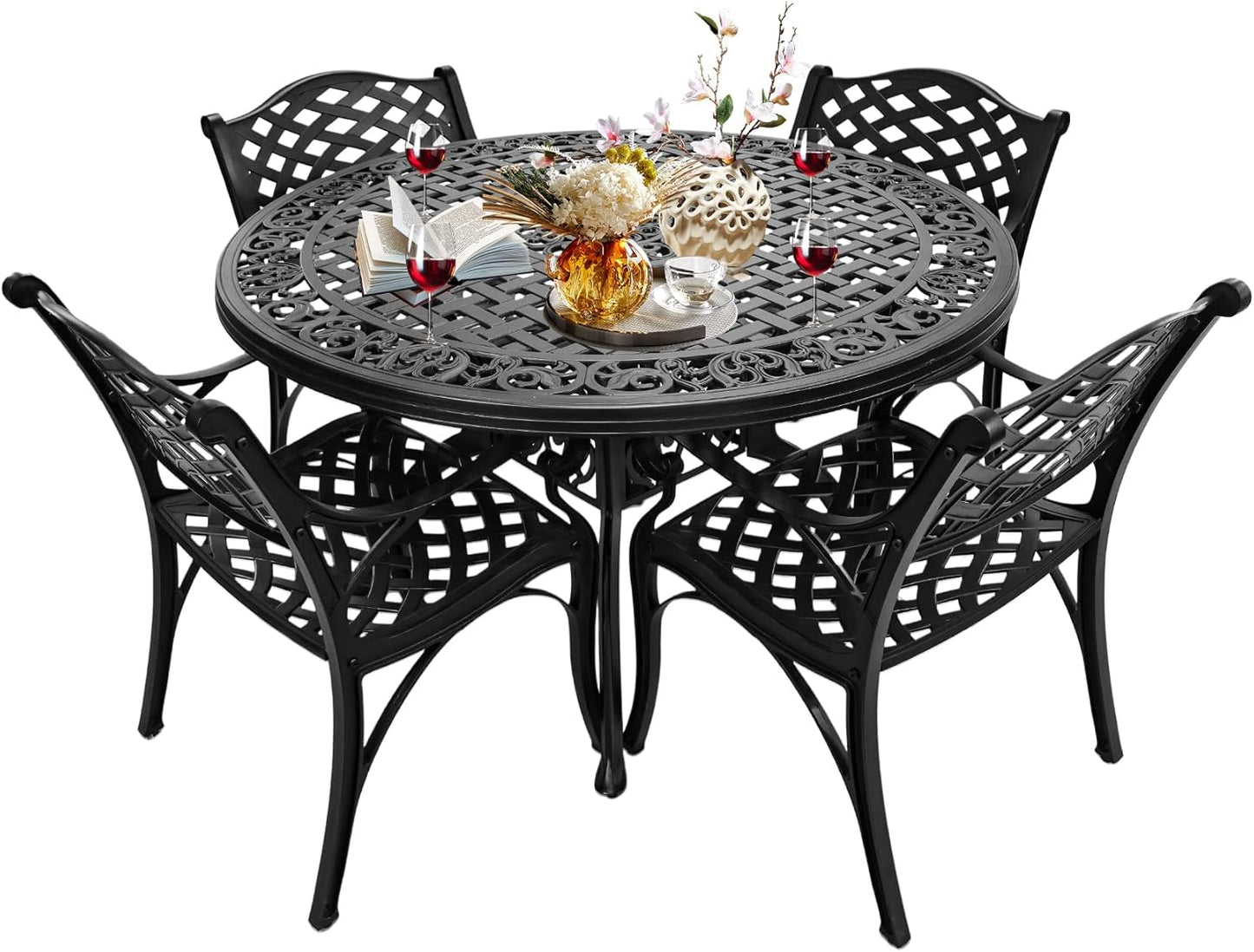 48 Inch Outdoor Dining Table Round Patio Bistro Table Powder-Coated Cast Aluminum Frame Patio Dining Table Garden Table with Umbrella Hole (Black)