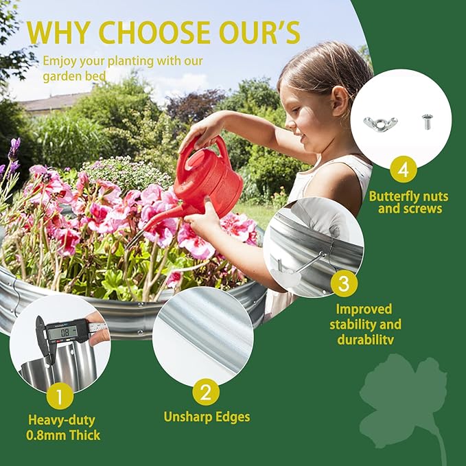 Durable Round Galvanized Steel Raised Garden Bed for Planting,Round Galvanized Steel Fire Ring/Fir Pit for Outdoor- 4×4×1FT,0.8MM Thick Black (47 ins Diameter x 12 ins high, Silver)