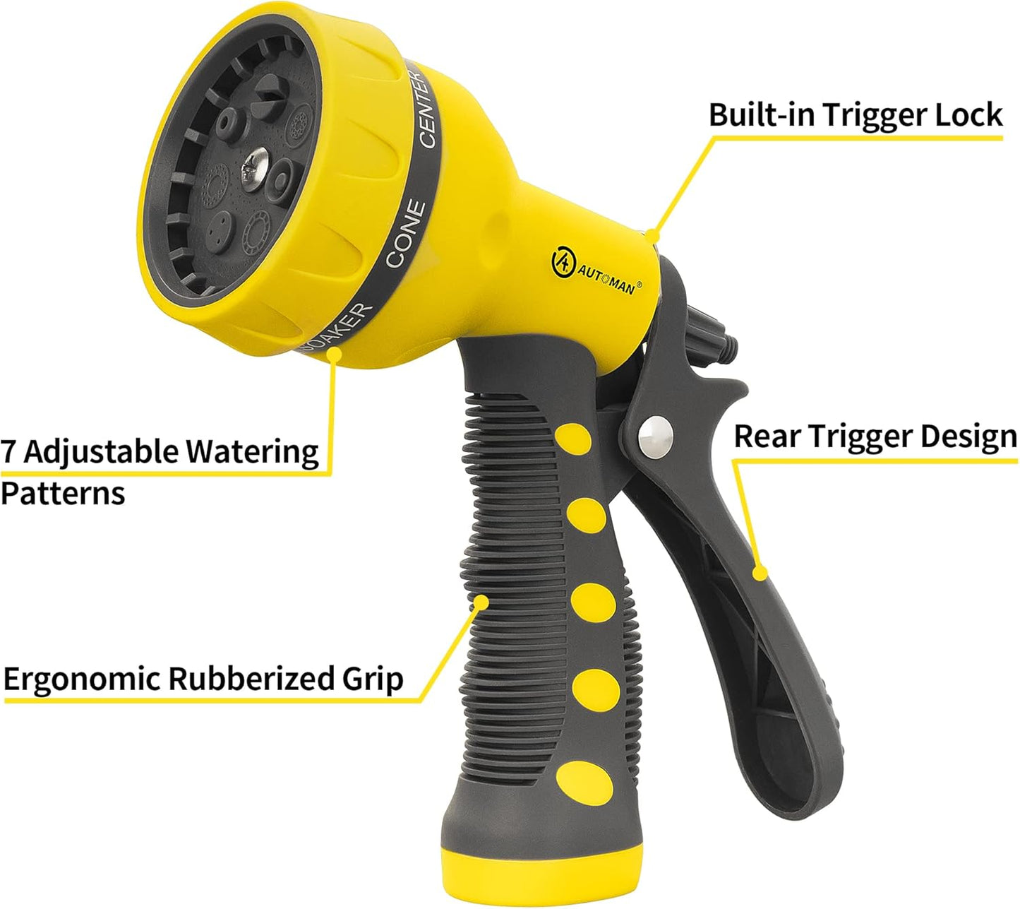 AUTOMAN-Garden-Hose-Nozzle,ABS Water Spray Nozzle with Heavy Duty 7 Adjustable Watering Patterns,Slip Resistant for Watering Plants,Lawn& Garden,Washing Cars,Cleaning,Showering Pets - Yellow