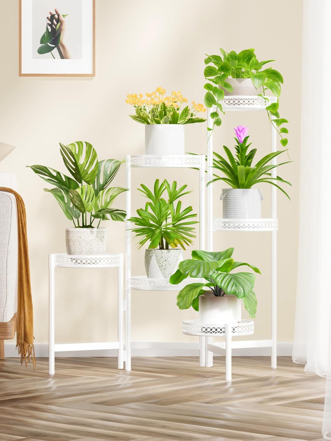 6 Tier Metal Plant Stand, 6 Potted Multiple Flower Pot Holder Shelf, Indoor&Outdoor Folding Planter Display Shelves for Patio Garden, Living Room, Corner Balcony, Bedroom - WhiteWave