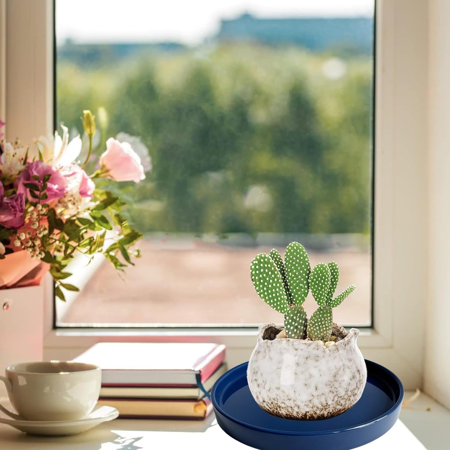 Plant Saucer Pot Tray Planter Saucers 4 Pack 4 inch, 5 6 7 8 9 10 11 12 13 15 Inch for Indoors Outdoor, Durable Sturdy Ceramic Flower Drainage drip Water Tray for Glazed Pots Base ((4.5"/4.1"-Blue)