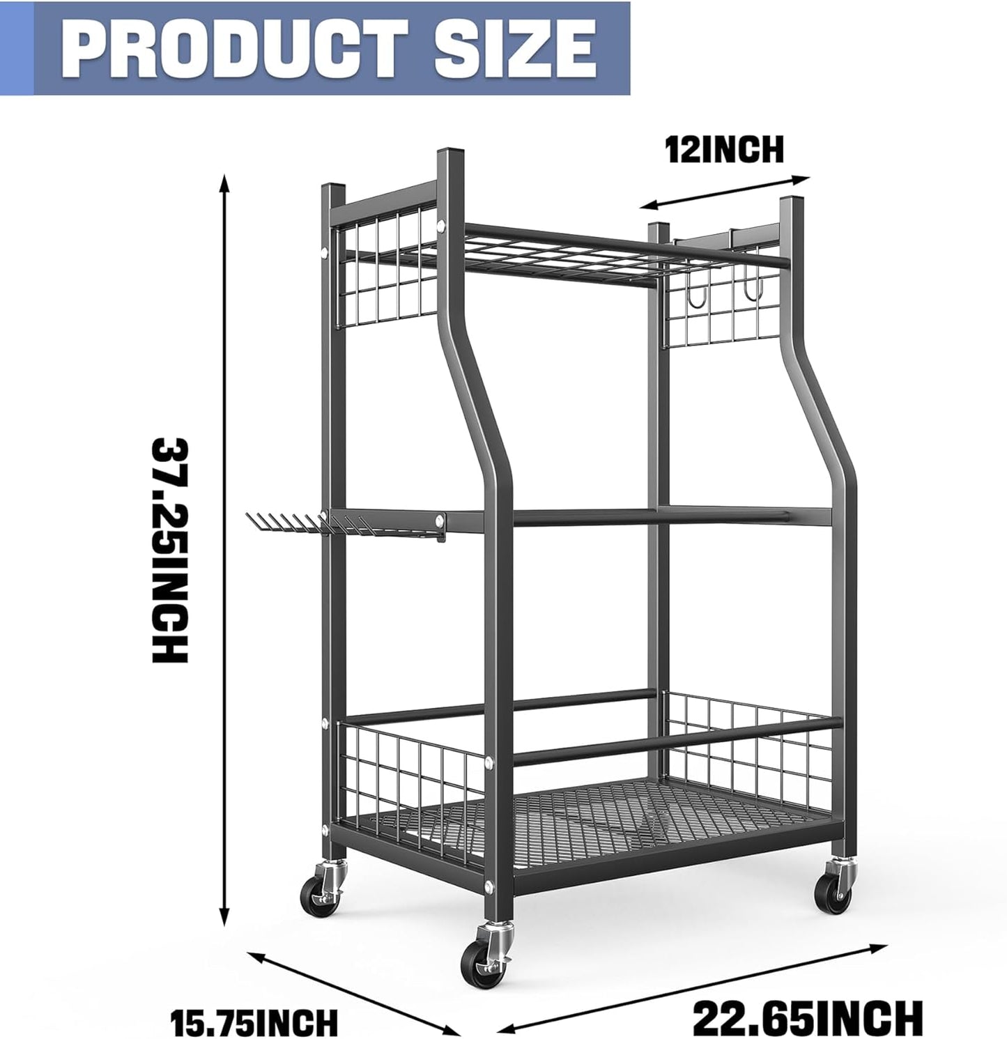 WALMANN Garden Tool Organizer with Wheels for Garage, Rakes/Shovels/Yard Tools Storage Stand for Garden, Shed, Indoor/Outdoor Long-Handled Tools Rolling Cart