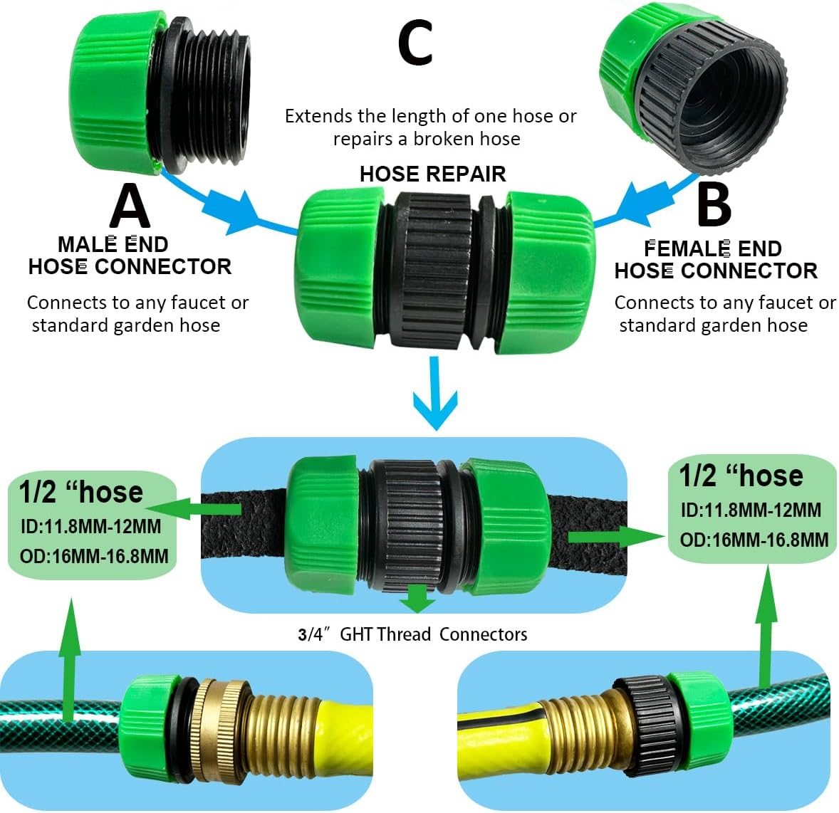 AMRITA Fittings for 1/2" Soaker Hose and Garden Hose, Female Connector& Male Connector &Valves & Straight Connectors.(Fittings)