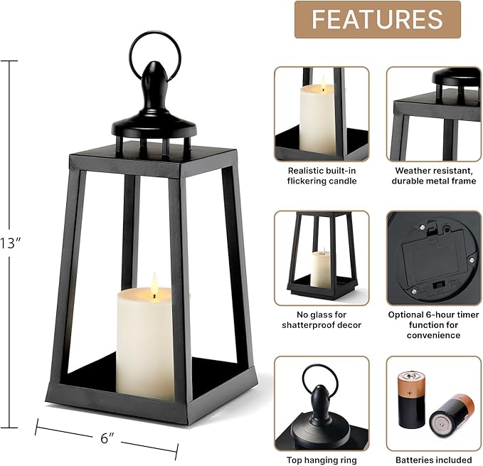 LampLust Black Lanterns Decorative Outdoor Lantern, 13 Inch Black, Battery Powered, Metal with No Glass, Indoor Outdoor Lanterns for Patio Waterproof, Spring Front Porch Floor Patio Home Decor