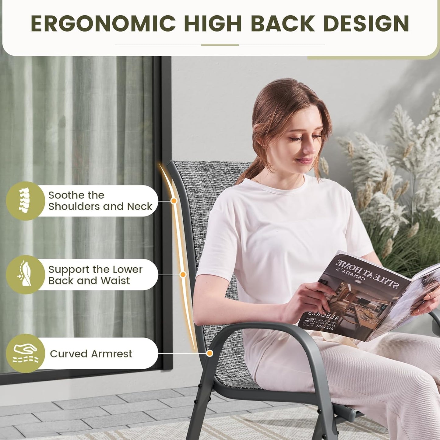 UDPATIO Patio Dining Set of 7, Outdoor Table and Chairs Set with Square Metal Table, 6 Stackable Patio Chairs with High Back, Outdoor Furniture for Deck Garden Backyard Lawn Poolside (Dark Grey)