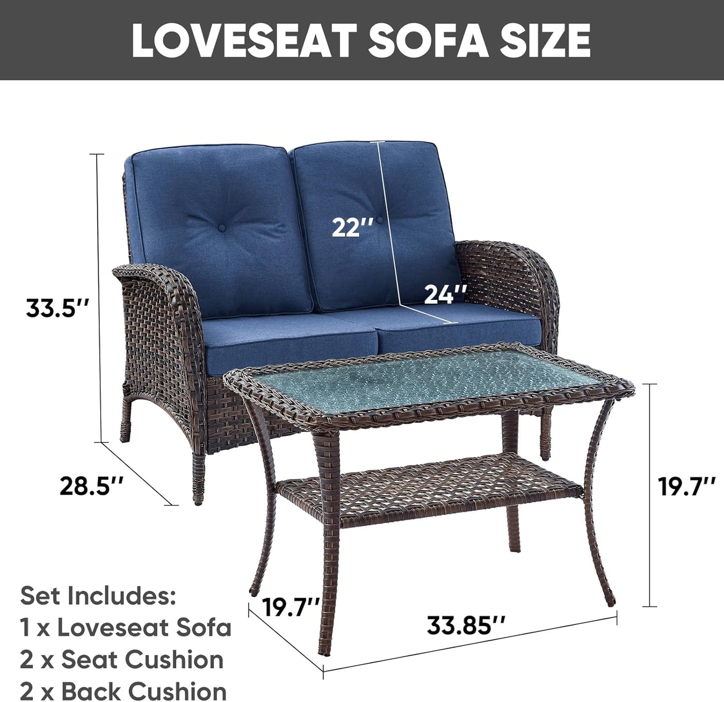 HUMMUH Outdoor Loveseat Sofa 2-Seat PE Wicker Outdoor Couch with Coffee Table,Deep Seat High Back Outdoor Patio Furniture for Patio,Garden,Porch,Deck(Blue)