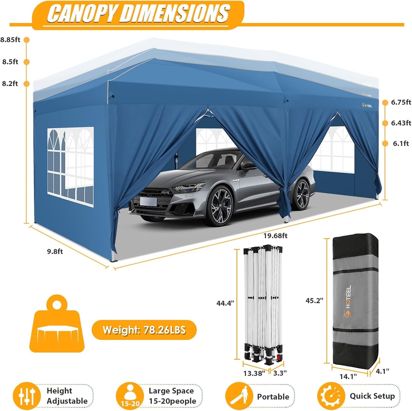 HOTEEL 10x20 Pop up Canopy with 6 Sidewalls, One Push Instant Setup Outdoor Canopy Tent with Reinforce Rod, Weight Bag, for Parties, Events, Blue
