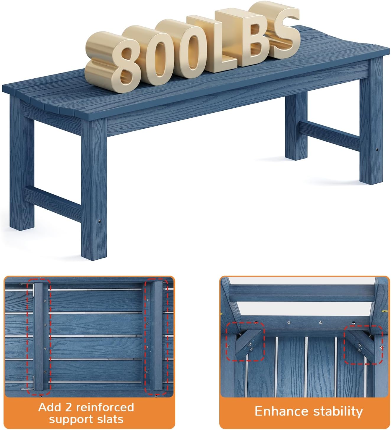 Outdoor Bench, 2-Person Patio Backless Bench Holds up to 800lbs, Weatherproof Garden Bench That Never Rot and Fade, Suit for Backyard, Porch, Patio, Deck and Entryway (Blue)