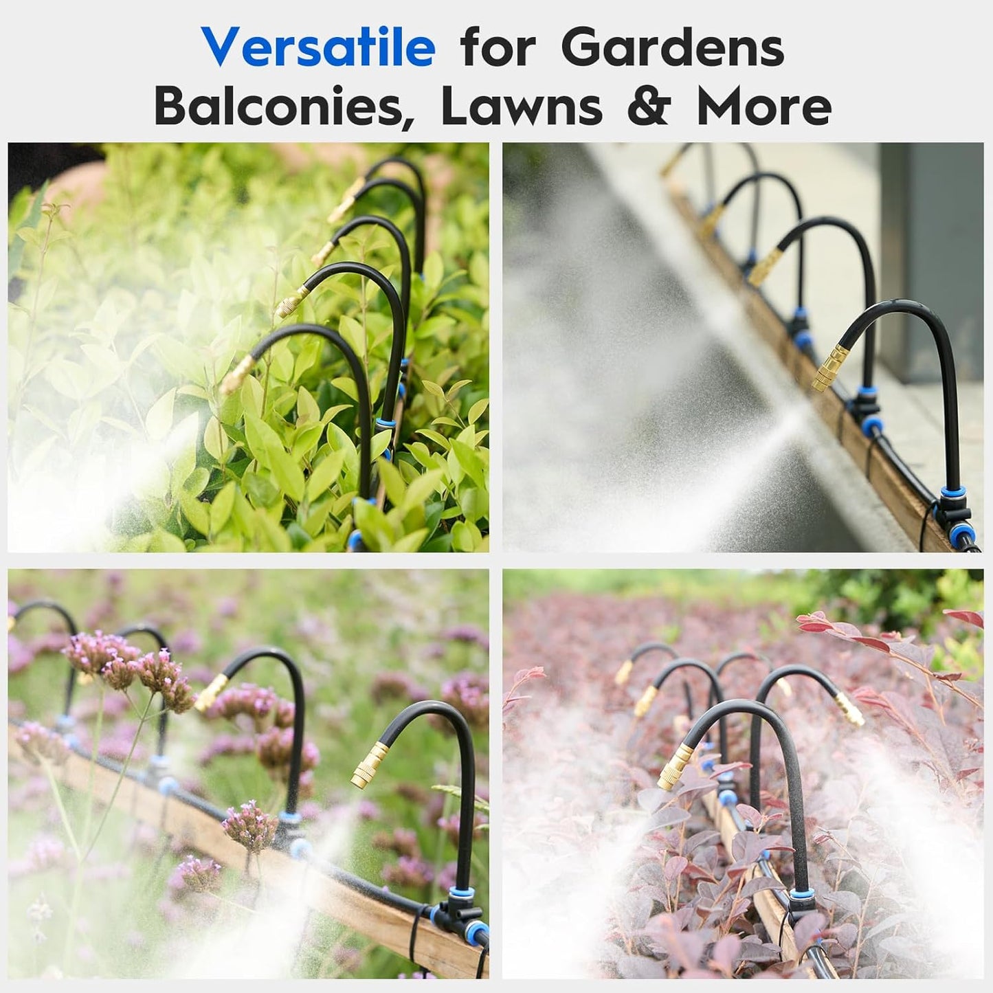 360° Automatic Drip Irrigation Kit - 5/16'' Tubing, Adjustable Universal Spray Nozzle, Copper Atomizing System for Garden/Lawn/Greenhouse - Multi-Directional Rotation, Quick Connectors, 65FT