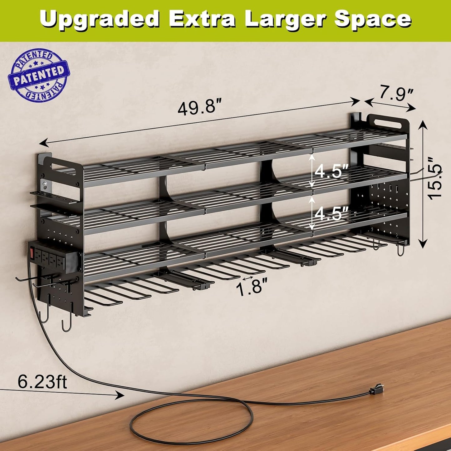 12 Cordless Drill Holder Large Power Tool Organizer Wall Mount with Side Pegboard & Screwdriver Holder, 4-Tier Heavy Duty Metal Tool Storage Rack with 4-Outlet Power Strip
