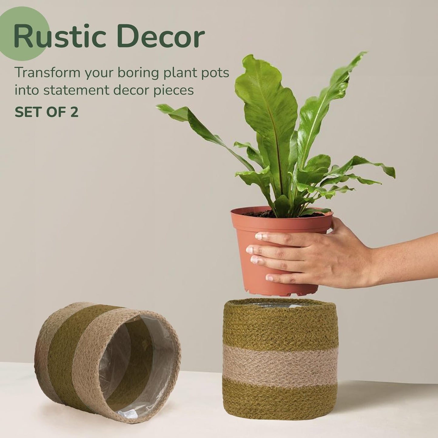 Jute Planter Basket-Woven Jute Rope Covers for Decorating Indoor/Outdoor Succulents, Small Plant Pots-Set of 2-Multi-Purpose Storage Bins 6.5 Inches - Modern Style Décor- Olive & Natural