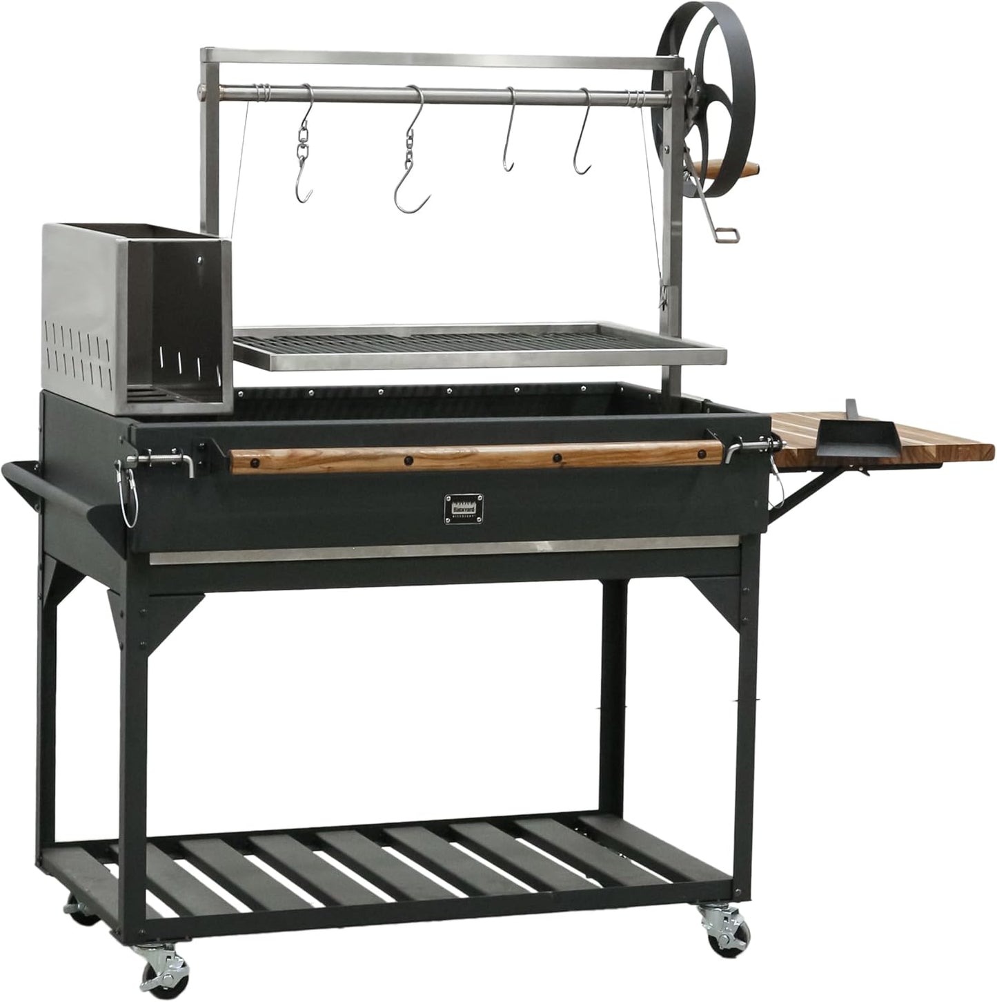 Backyard Discovery Argentine Santa Maria Wood Fire & Charcoal BBQ Grill with Brasero, Adjustable Grill Grates, Fire Bricks, Heavy-Duty Steel, S-Hooks, Acacia Wood Table for Outdoor Gaucho Grilling