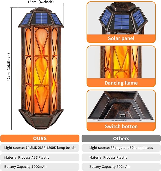 Solar Flame Lights Outdoor, Upgraded 74 LED Flickering Flame Lights, Solar Powered Auto On/Off, Outdoor Waterproof Wall Lanterns for House Garage Doorway Garden Porch Patio Yard Decoration (2 Pack)